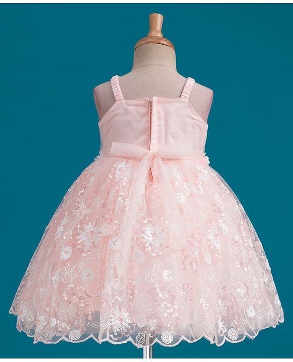 Babyhug Mesh Woven Sleeveless Party Dress With Floral Corsage & Sequin Detailing - Peach