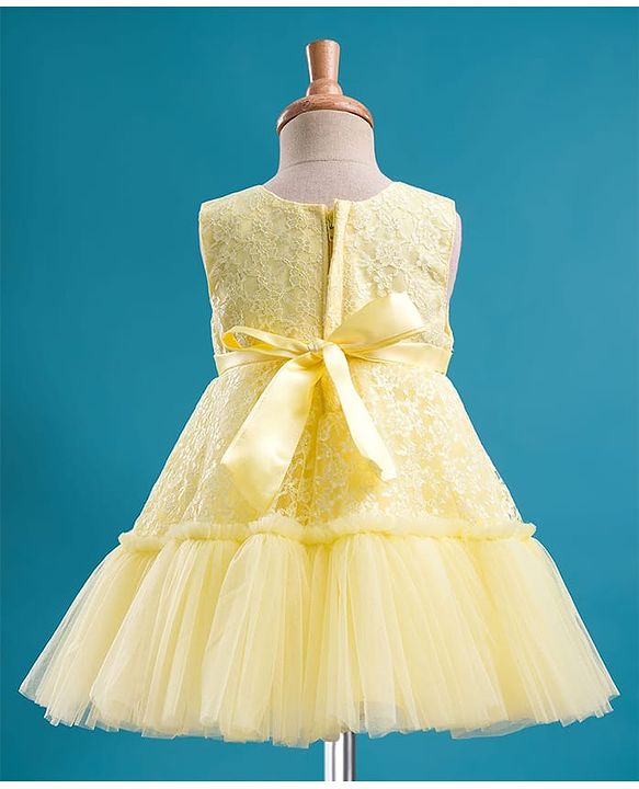 Babyhug Mesh Woven Sleeveless Floral Embroidered 5 Layer Tiered Party Dress with Satin Bow Applique - Yellow