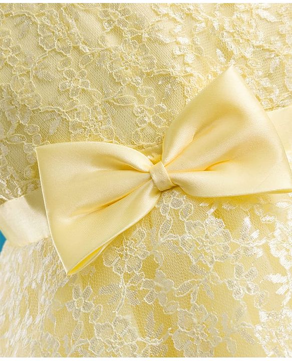 Babyhug Mesh Woven Sleeveless Floral Embroidered 5 Layer Tiered Party Dress with Satin Bow Applique - Yellow