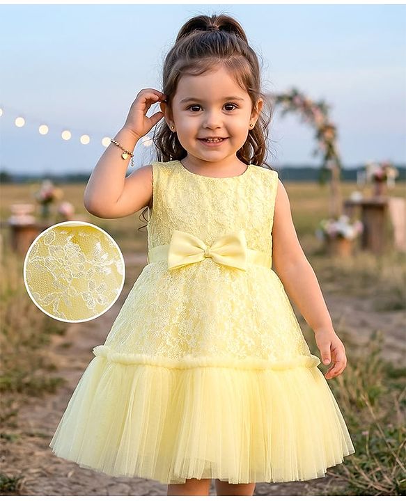 Babyhug Mesh Woven Sleeveless Floral Embroidered 5 Layer Tiered Party Dress with Satin Bow Applique - Yellow