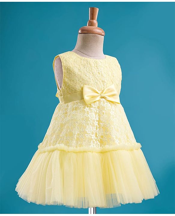 Babyhug Mesh Woven Sleeveless Floral Embroidered 5 Layer Tiered Party Dress with Satin Bow Applique - Yellow
