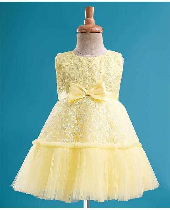 Babyhug Mesh Woven Sleeveless Floral Embroidered 5 Layer Tiered Party Dress with Satin Bow Applique - Yellow