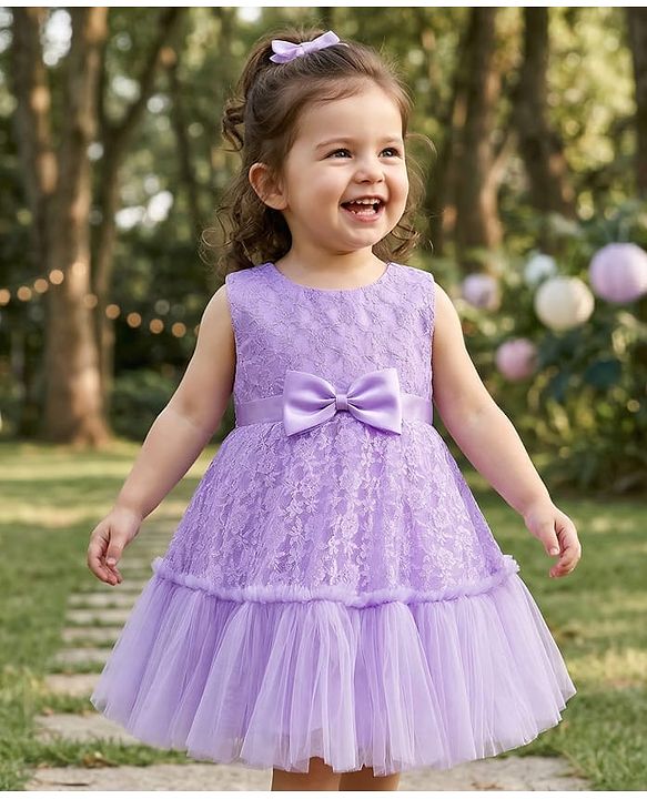 Babyhug Mesh Woven Sleeveless Floral Embroidered 5 Layer Tiered Party Dress with Satin Bow Applique - Yellow