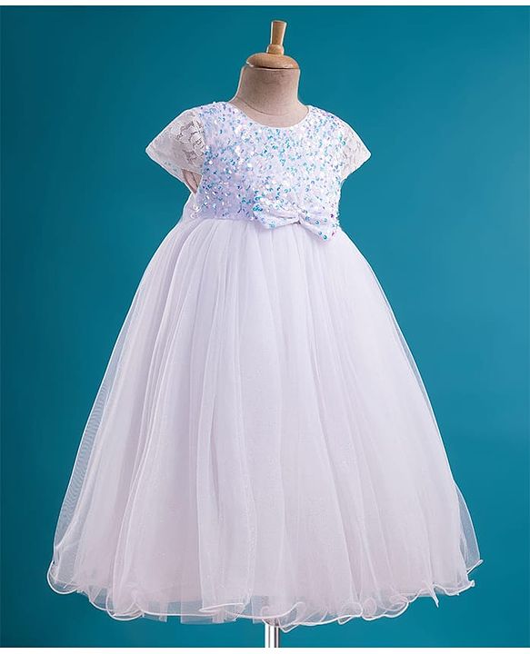 Babyhug Mesh Woven Cap Sleeves Full Length Party Gown with Lace Bow & Sequin  Detailing - White