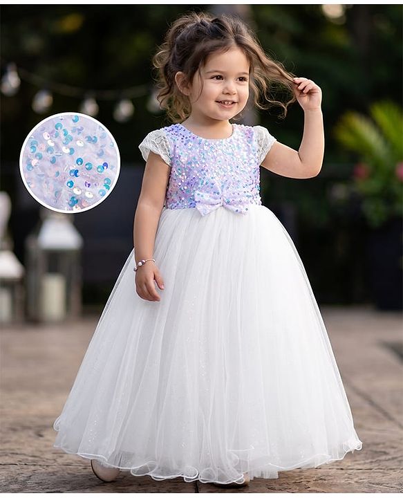 Babyhug Mesh Woven Cap Sleeves Full Length Party Gown with Lace Bow & Sequin  Detailing - White