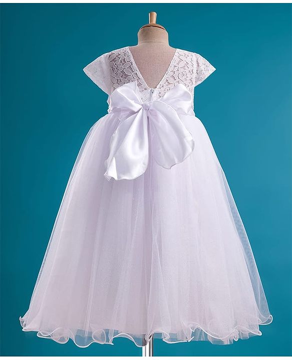 Babyhug Mesh Woven Cap Sleeves Full Length Party Gown with Lace Bow & Sequin  Detailing - White