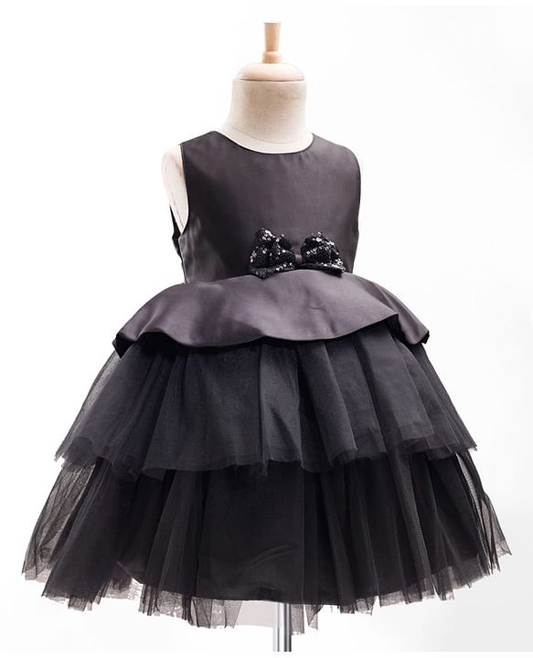 Babyhug Premium Satin Woven Sleeveless 5 Layered Party Frock with Sequins Bow Applique - Black