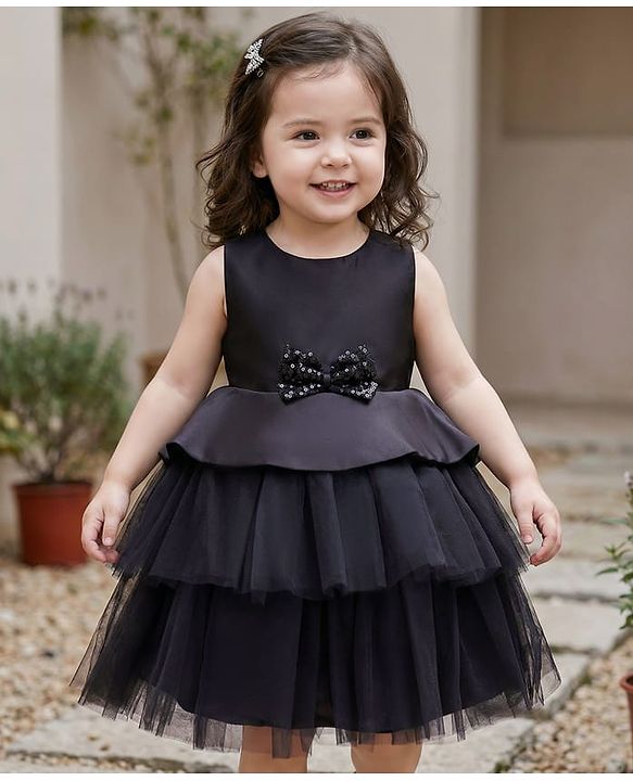 Babyhug Premium Satin Woven Sleeveless 5 Layered Party Frock with Sequins Bow Applique - Black