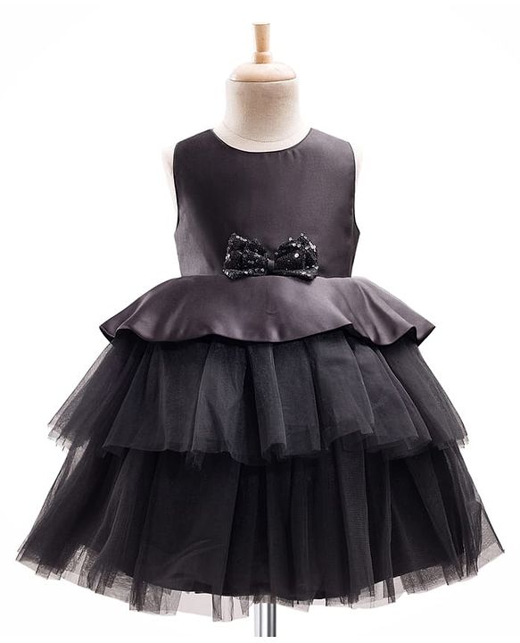 Babyhug Premium Satin Woven Sleeveless 5 Layered Party Frock with Sequins Bow Applique - Black