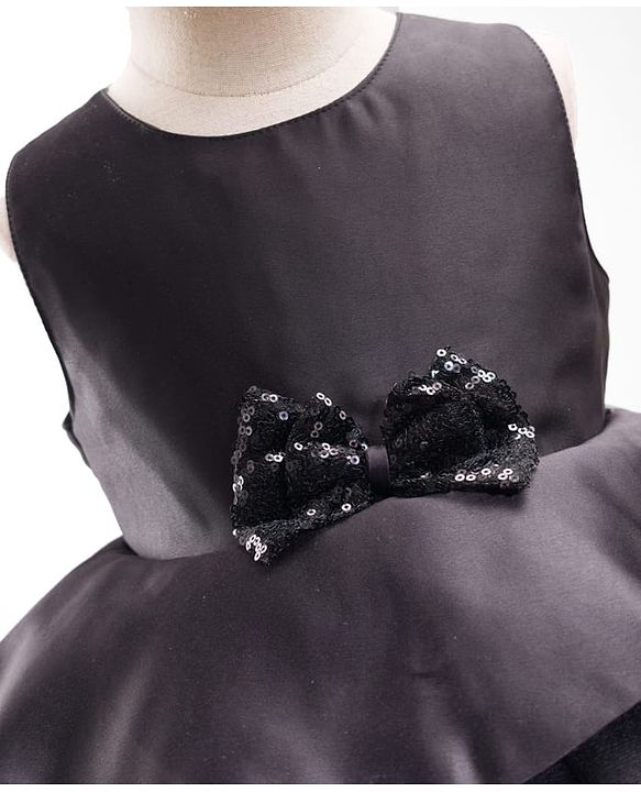 Babyhug Premium Satin Woven Sleeveless 5 Layered Party Frock with Sequins Bow Applique - Black