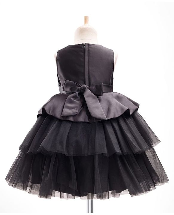 Babyhug Premium Satin Woven Sleeveless 5 Layered Party Frock with Sequins Bow Applique - Black