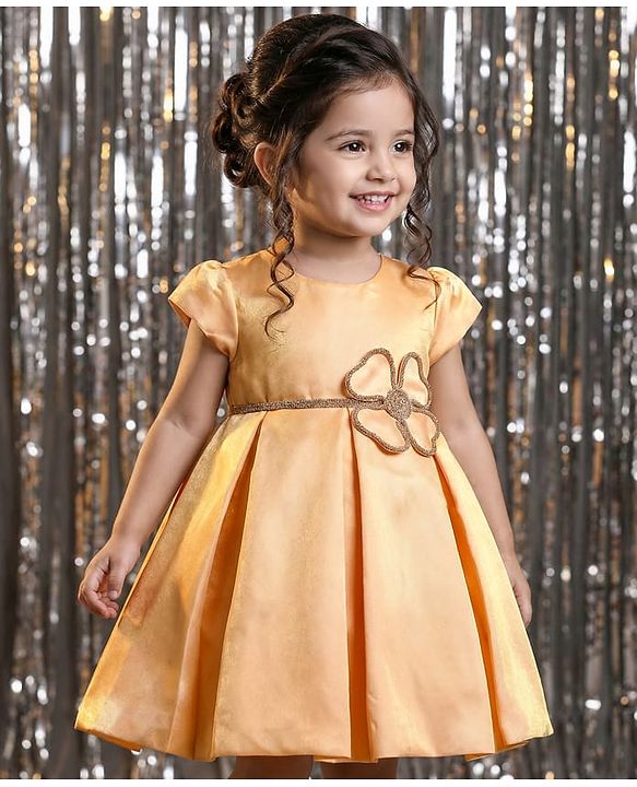 Babyhug Premium Satin Woven Cap Sleeves 5 Layers Solid Color Party Dress with Waist Belt Detailing - Cream