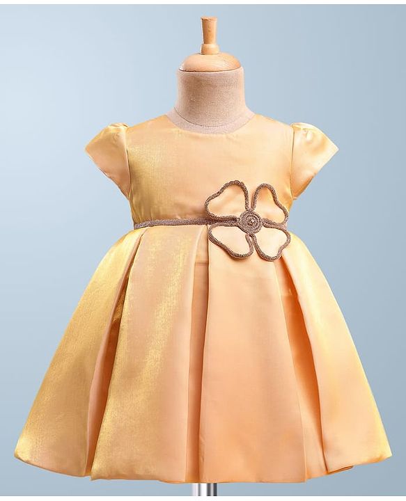 Babyhug Premium Satin Woven Cap Sleeves 5 Layers Solid Color Party Dress with Waist Belt Detailing - Cream