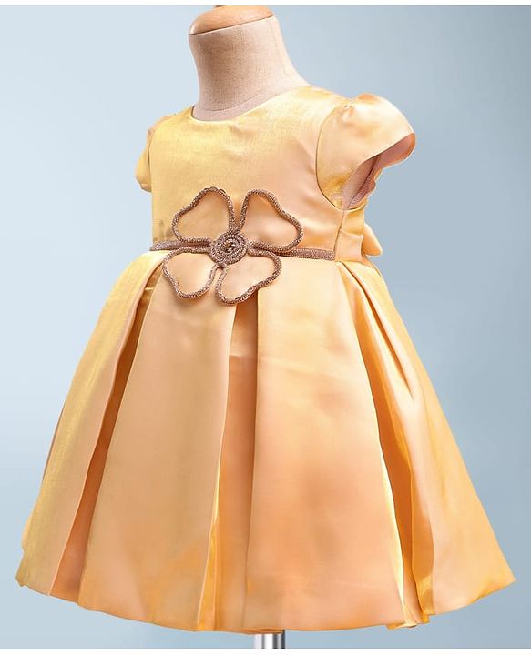 Babyhug Premium Satin Woven Cap Sleeves 5 Layers Solid Color Party Dress with Waist Belt Detailing - Cream