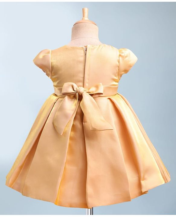 Babyhug Premium Satin Woven Cap Sleeves 5 Layers Solid Color Party Dress with Waist Belt Detailing - Cream