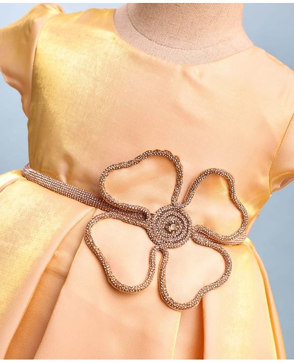 Babyhug Premium Satin Woven Cap Sleeves 5 Layers Solid Color Party Dress with Waist Belt Detailing - Cream