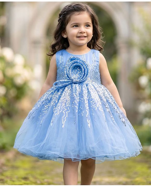 Babyhug Glitter Mesh Woven Sleeveless Party Dress With Sequin Detailing & Bow Applique - Light Blue