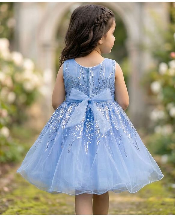 Babyhug Glitter Mesh Woven Sleeveless Party Dress With Sequin Detailing & Bow Applique - Light Blue
