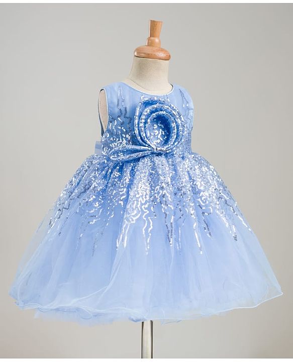Babyhug Glitter Mesh Woven Sleeveless Party Dress With Sequin Detailing & Bow Applique - Light Blue