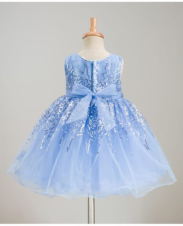 Babyhug Glitter Mesh Woven Sleeveless Party Dress With Sequin Detailing & Bow Applique - Light Blue