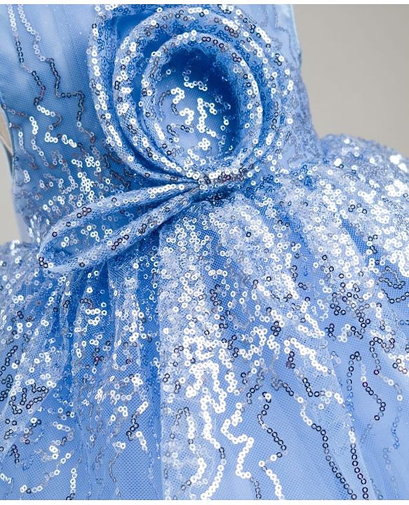 Babyhug Glitter Mesh Woven Sleeveless Party Dress With Sequin Detailing & Bow Applique - Light Blue