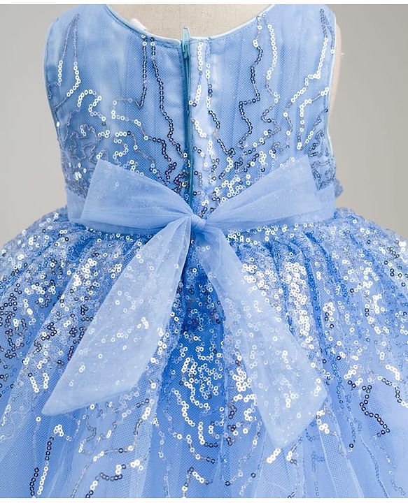 Babyhug Glitter Mesh Woven Sleeveless Party Dress With Sequin Detailing & Bow Applique - Light Blue