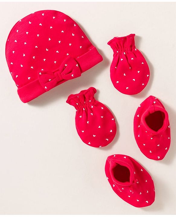 Babyhug 100% Cotton Knit Cap Mittens & Booties with Heart Print & Bow Applique Red - Diameter 14 cm
