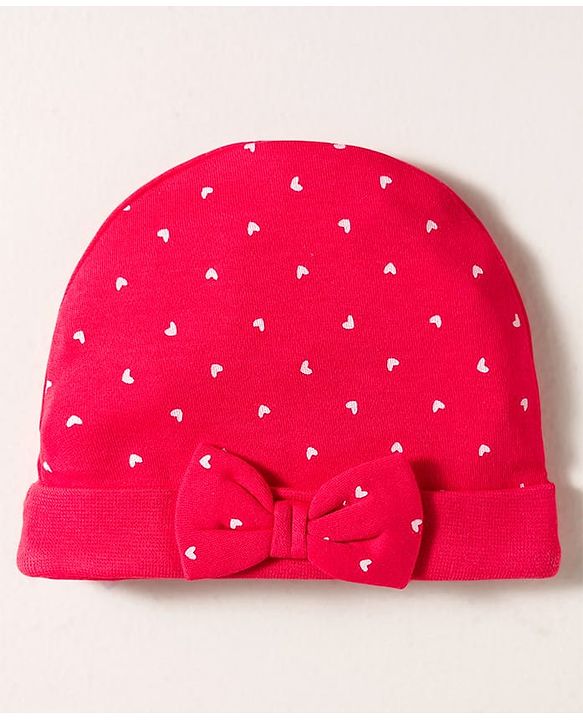 Babyhug 100% Cotton Knit Cap Mittens & Booties with Heart Print & Bow Applique Red - Diameter 14 cm