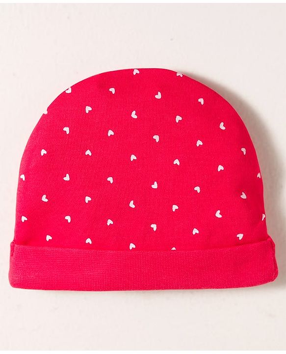 Babyhug 100% Cotton Knit Cap Mittens & Booties with Heart Print & Bow Applique Red - Diameter 14 cm
