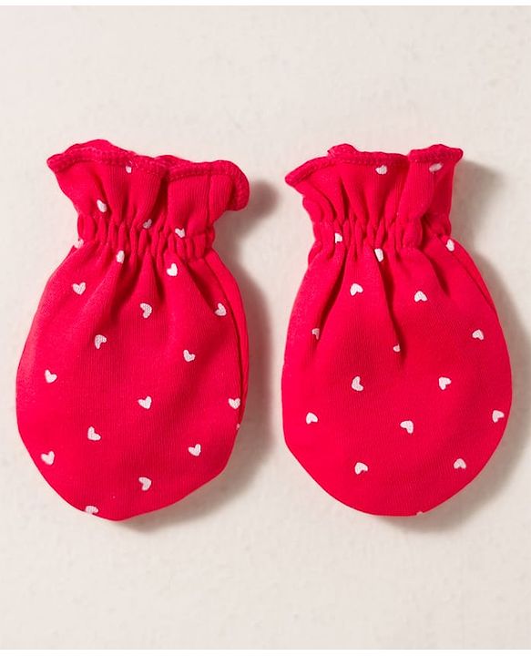 Babyhug 100% Cotton Knit Cap Mittens & Booties with Heart Print & Bow Applique Red - Diameter 14 cm