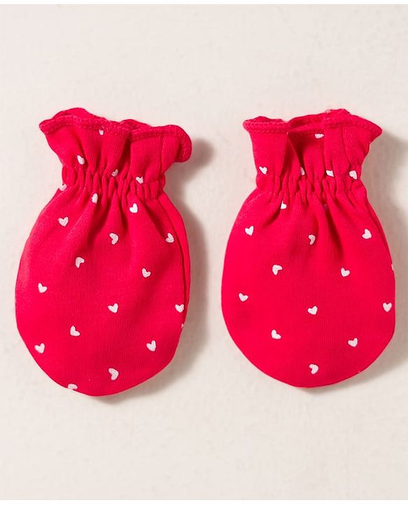 Babyhug 100% Cotton Knit Cap Mittens & Booties with Heart Print & Bow Applique Red - Diameter 14 cm