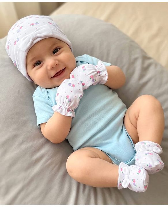 Babyhug 100% Cotton Interlock Knit Cap, Mittens & Booties Set With Strawberry Print & Bow Applique White & Pink - Diameter 9.5 cm