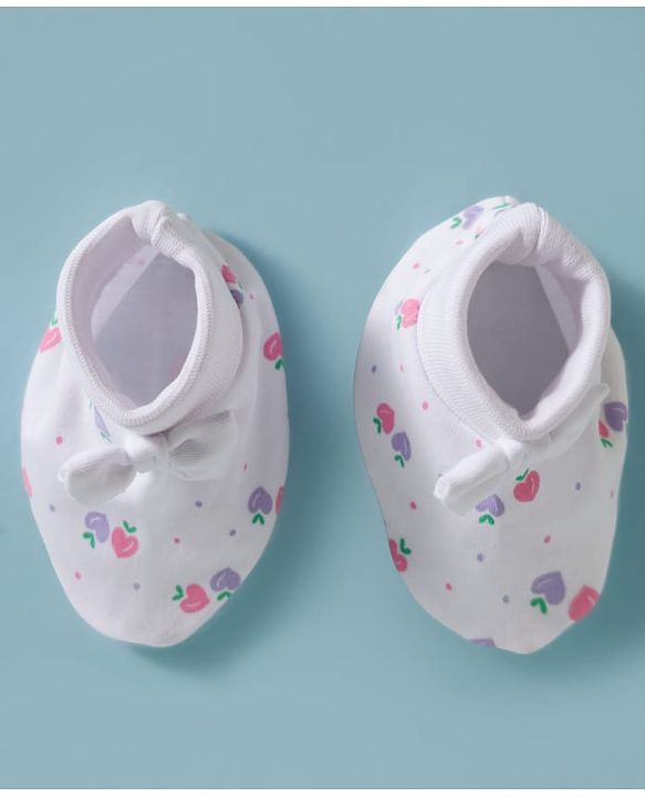 Babyhug 100% Cotton Interlock Knit Cap, Mittens & Booties Set With Strawberry Print & Bow Applique White & Pink - Diameter 9.5 cm