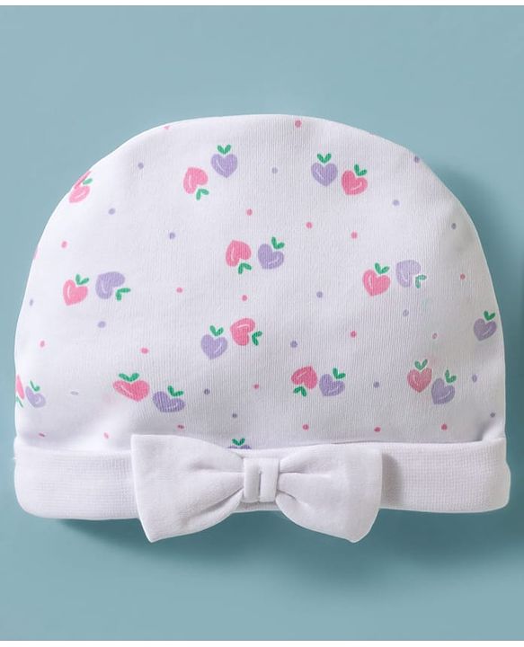 Babyhug 100% Cotton Interlock Knit Cap, Mittens & Booties Set With Strawberry Print & Bow Applique White & Pink - Diameter 9.5 cm