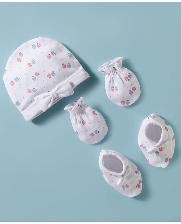 Babyhug 100% Cotton Interlock Knit Cap, Mittens & Booties Set With Strawberry Print & Bow Applique White & Pink - Diameter 9.5 cm