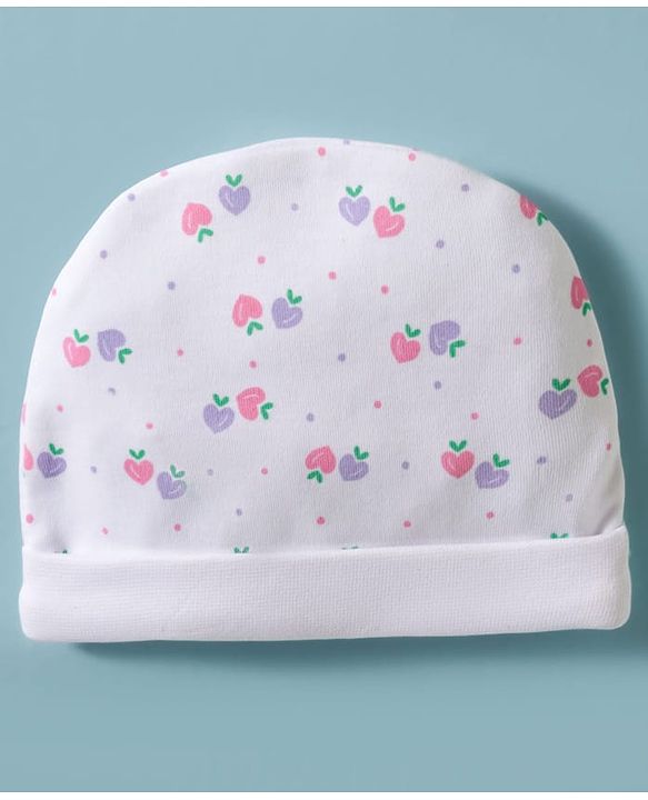Babyhug 100% Cotton Interlock Knit Cap, Mittens & Booties Set With Strawberry Print & Bow Applique White & Pink - Diameter 9.5 cm
