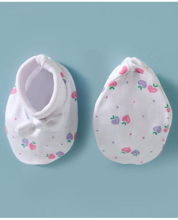 Babyhug 100% Cotton Interlock Knit Cap, Mittens & Booties Set With Strawberry Print & Bow Applique White & Pink - Diameter 9.5 cm
