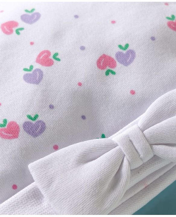 Babyhug 100% Cotton Interlock Knit Cap, Mittens & Booties Set With Strawberry Print & Bow Applique White & Pink - Diameter 9.5 cm