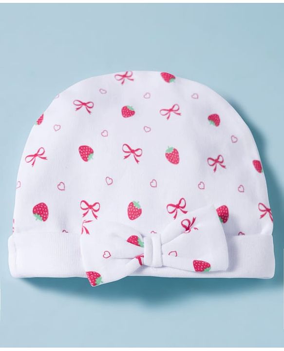 Babyhug 100% Cotton Knit Cap, Mittens & Booties Set with Strawberry & Bow Print White - Diameter 9.5 cm