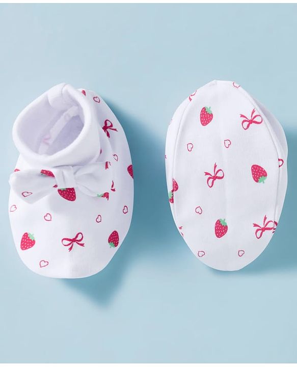 Babyhug 100% Cotton Knit Cap, Mittens & Booties Set with Strawberry & Bow Print White - Diameter 9.5 cm