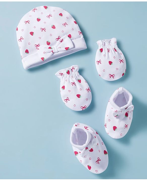 Babyhug 100% Cotton Knit Cap, Mittens & Booties Set with Strawberry & Bow Print White - Diameter 9.5 cm