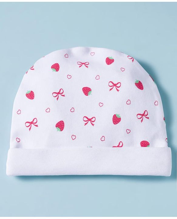 Babyhug 100% Cotton Knit Cap, Mittens & Booties Set with Strawberry & Bow Print White - Diameter 9.5 cm