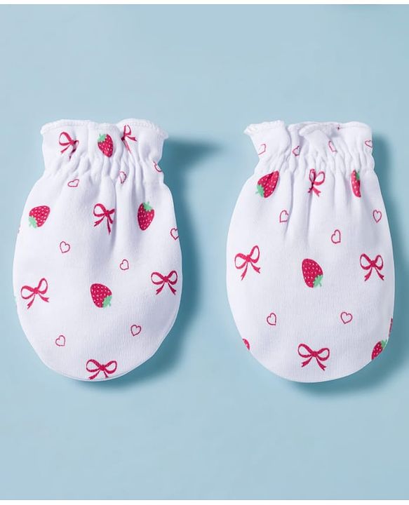 Babyhug 100% Cotton Knit Cap, Mittens & Booties Set with Strawberry & Bow Print White - Diameter 9.5 cm