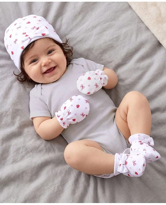 Babyhug 100% Cotton Knit Cap, Mittens & Booties Set with Strawberry & Bow Print White - Diameter 9.5 cm