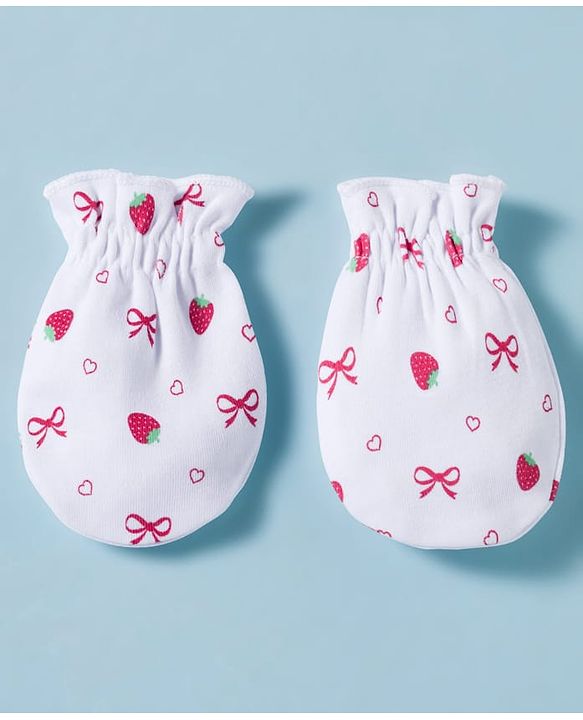 Babyhug 100% Cotton Knit Cap, Mittens & Booties Set with Strawberry & Bow Print White - Diameter 9.5 cm