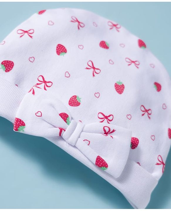 Babyhug 100% Cotton Knit Cap, Mittens & Booties Set with Strawberry & Bow Print White - Diameter 9.5 cm