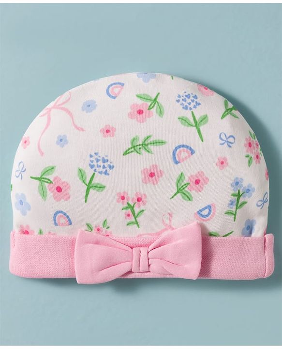 Babyhug 100% Cotton Knit Cap, Mittens & Booties Set with Floral Print White & Pink - Diameter 14 cm