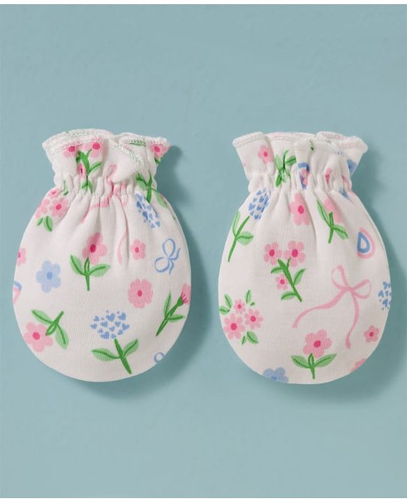 Babyhug 100% Cotton Knit Cap, Mittens & Booties Set with Floral Print White & Pink - Diameter 14 cm