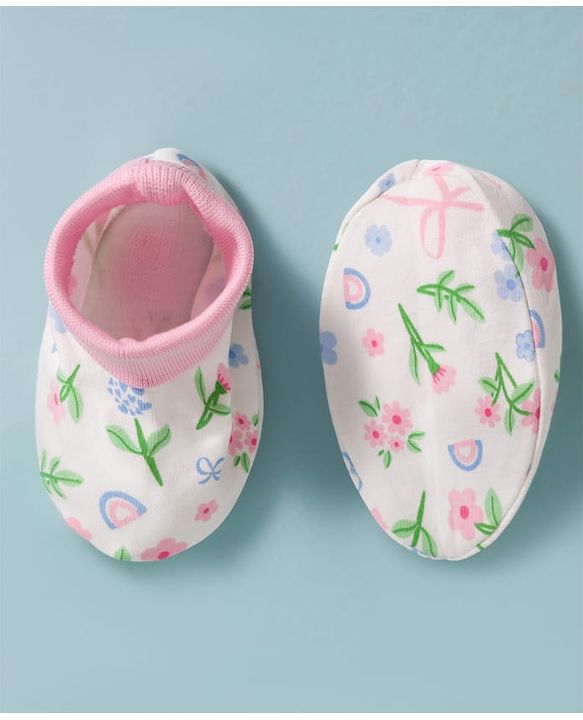 Babyhug 100% Cotton Knit Cap, Mittens & Booties Set with Floral Print White & Pink - Diameter 14 cm