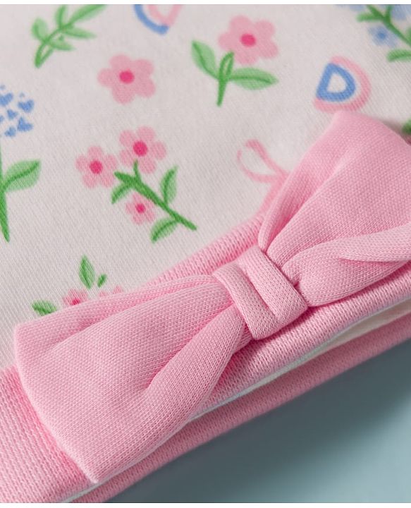 Babyhug 100% Cotton Knit Cap, Mittens & Booties Set with Floral Print White & Pink - Diameter 14 cm
